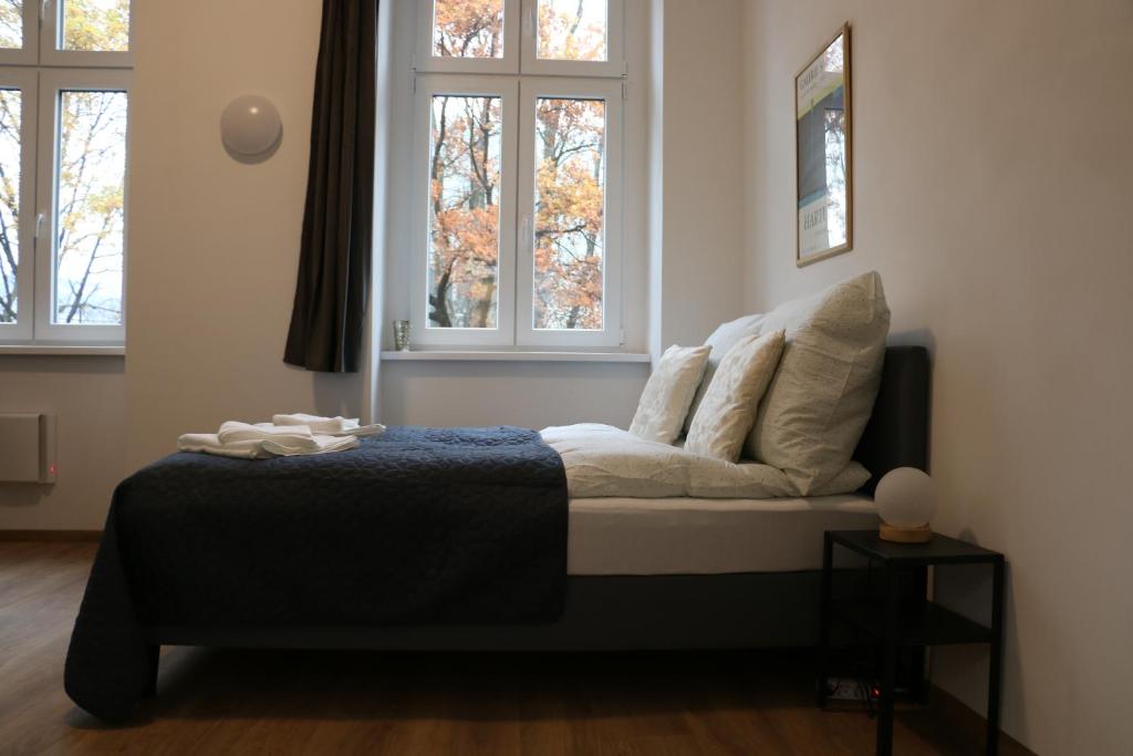 a bed in a room with two windows at Riverside Apartments in Linz