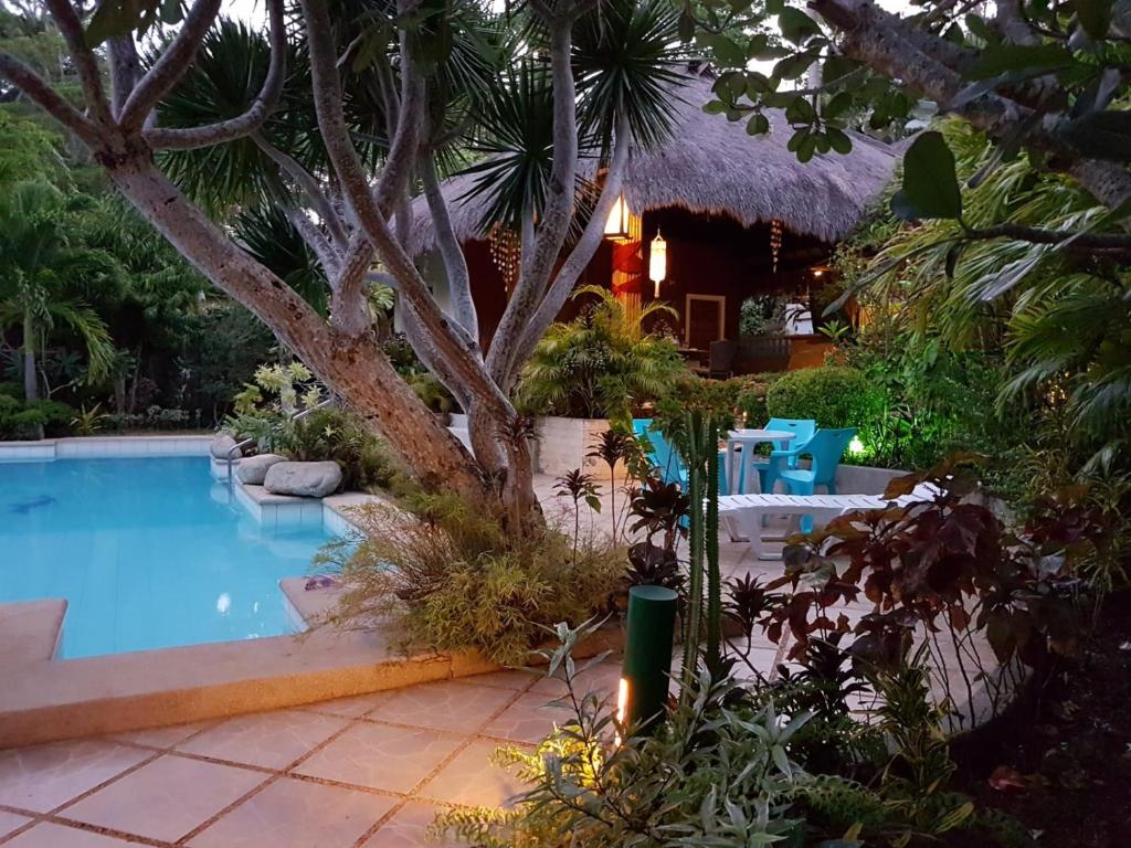a swimming pool in a garden with a tree at Palmhill Villa in Boracay