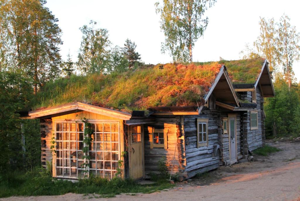 an old log cabin with a grass roof at Valonranta Cottage in Saarijärvi