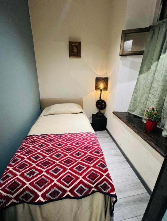 a bedroom with a bed with a red and white comforter at Communication hostel in Batumi