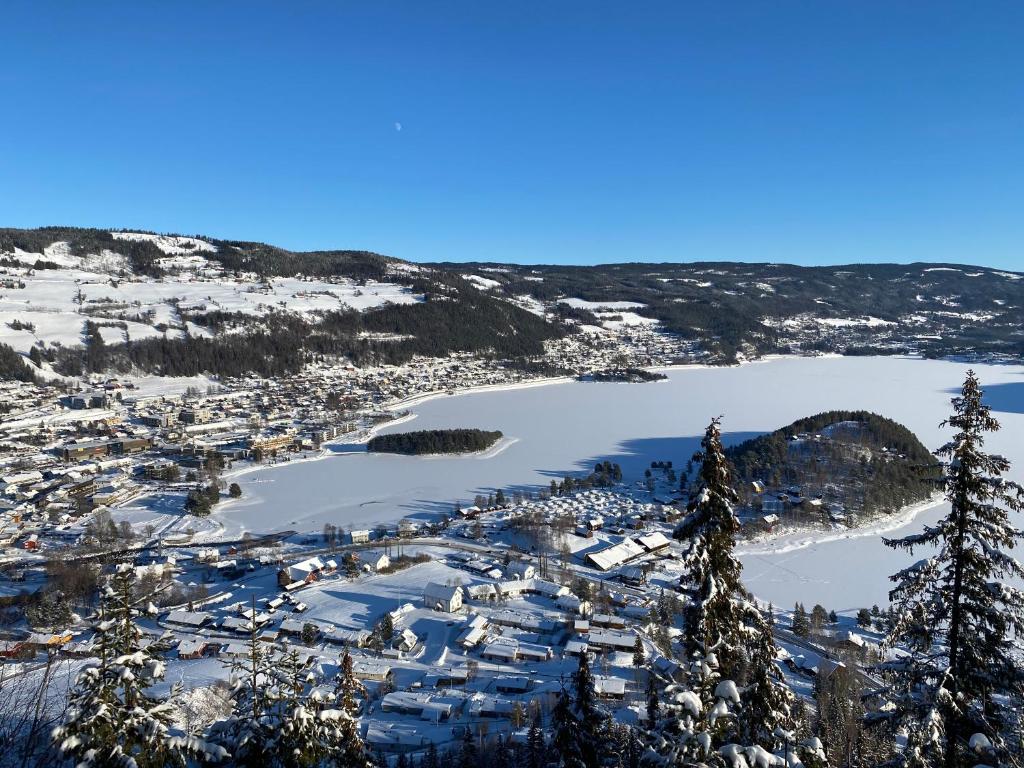 an aerial view of a town in the snow at Fagernes Camping in Fagernes