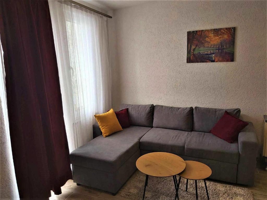 uma sala de estar com um sofá e duas mesas em Studio Apartment - Prizren em Prizren
