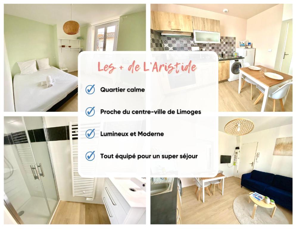 un collage de fotos de una cocina y una sala de estar en L'Aristide, calme et moderne en Limoges