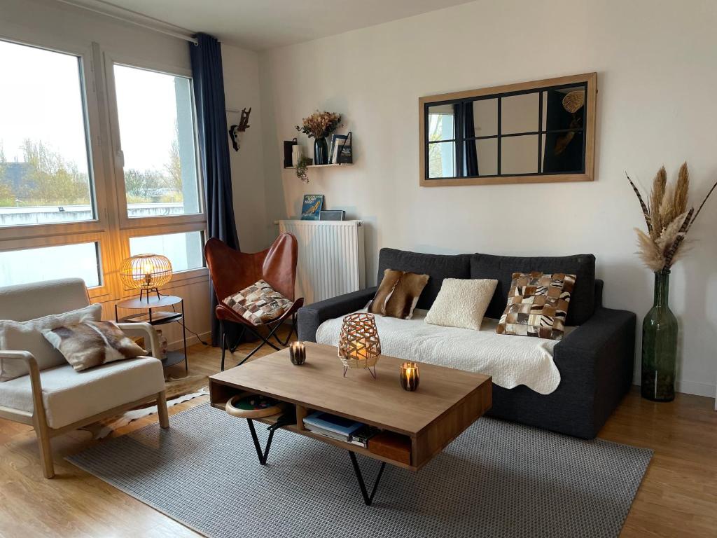 un salon avec un canapé et une table basse dans l'établissement Appartement La Madeleine - Proximité Lille, à Lille