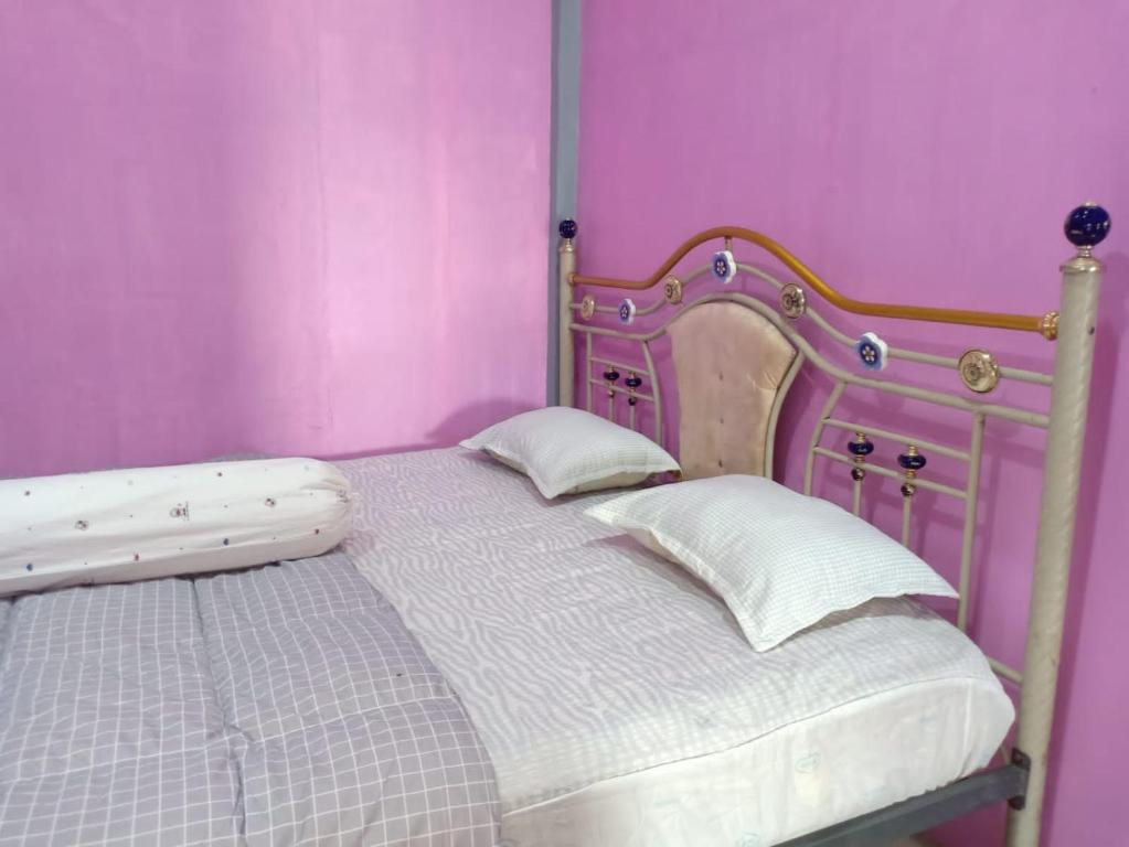 ein Schlafzimmer mit einem Bett mit einer rosa Wand in der Unterkunft D' pamor Homestay in Halangan