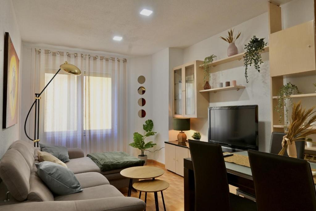 a living room with a couch and a tv at Coqueto Apartamento de un dormitorio en el Barrio Salamanca RCT3 in Madrid