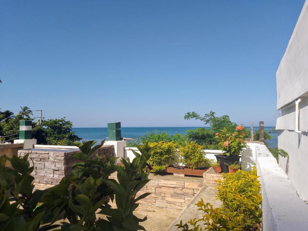 uma varanda com plantas e o oceano ao fundo em Cabaña Salguero em Santa Marta