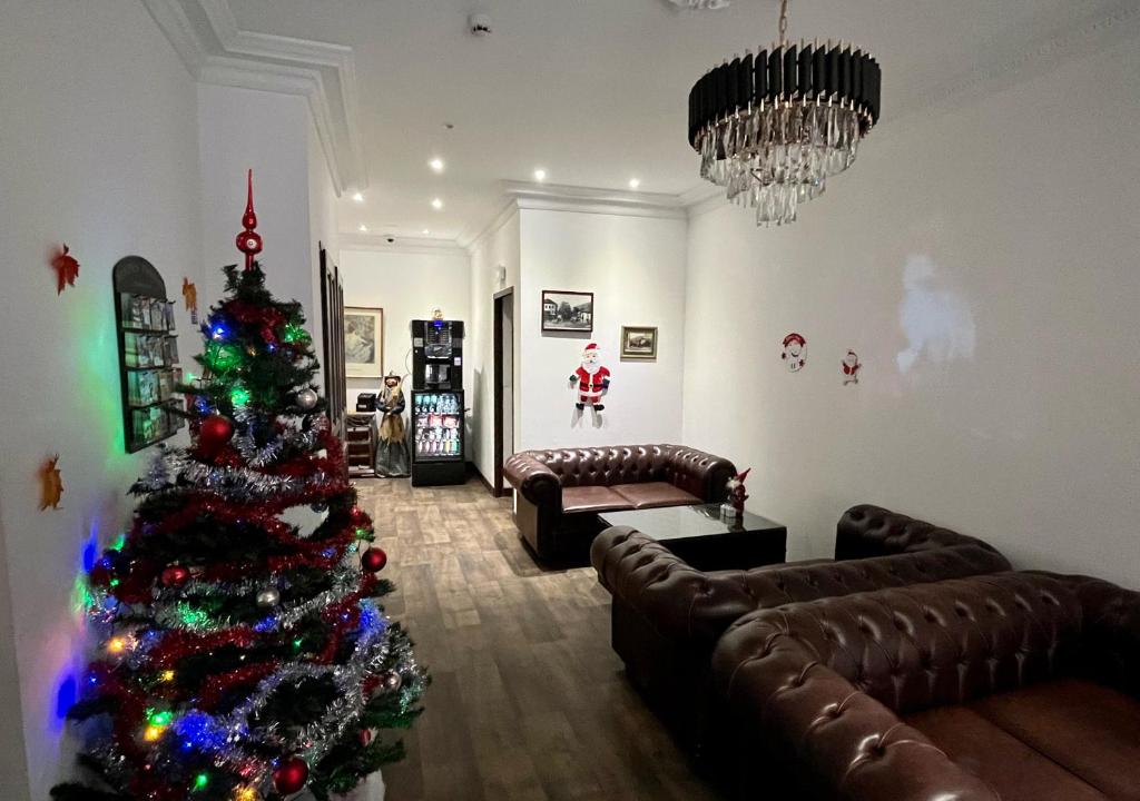 a living room with a christmas tree and a couch at Albert 1er in Albertville