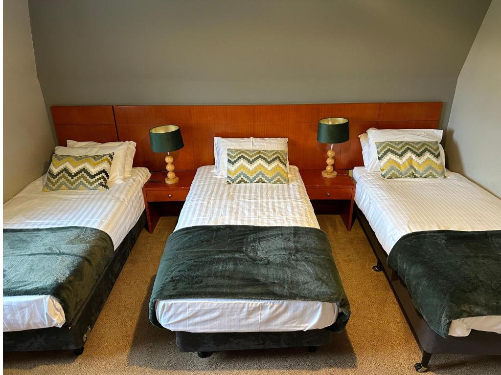 キラーニーにあるSpacious 2 bedroom apartment in Killarneyのランプ2つ付きの客室内のツインベッド3台
