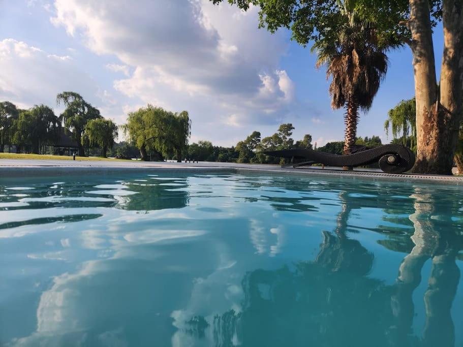 une piscine d'eau bleue dans un parc arboré dans l'établissement 4 Fish Eagle Lodge, à Sasolburg