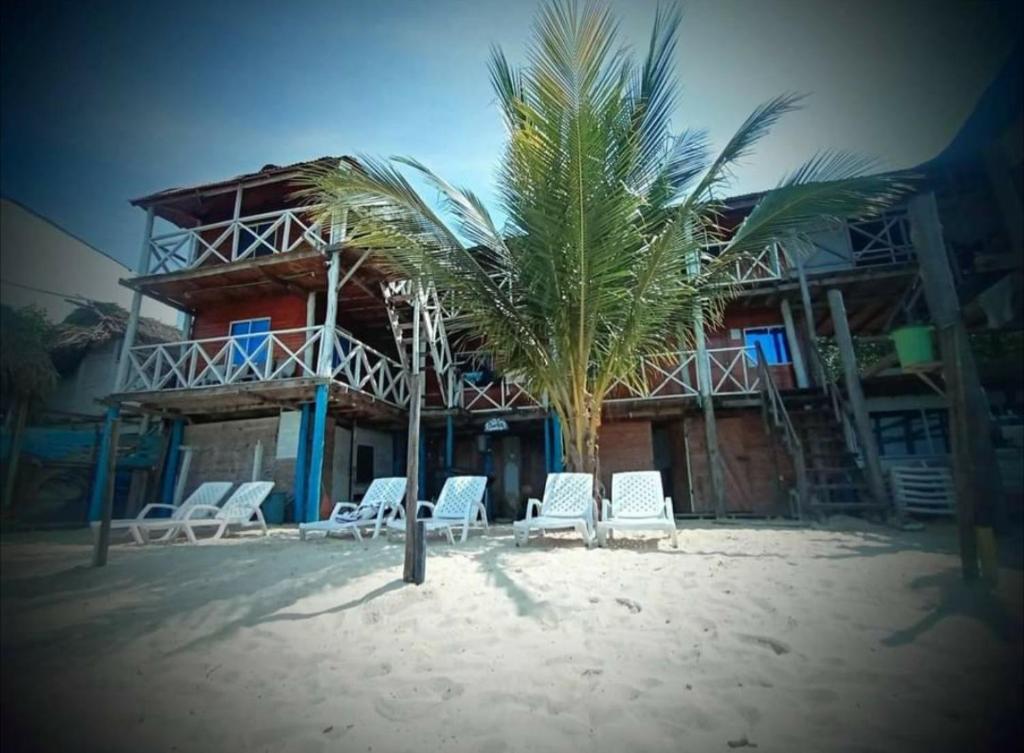 un edificio con sillas y una palmera en la playa en Alojamiento playa blanca Barú. InHousecaribe, en Playa Blanca