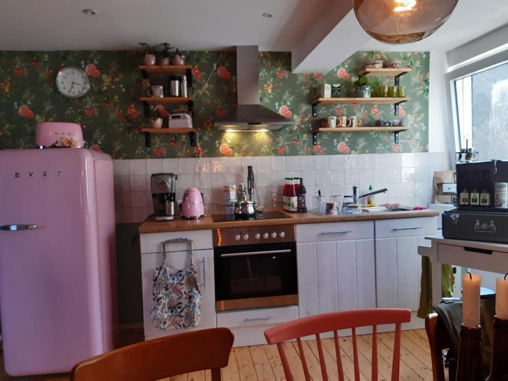 cocina con nevera rosa y fogones en Individuelle stilvolle Maisonettewohnung mit zwei Schlafzimmern, zwei Bädern und Sauna am Rothaarsteig, en Hilchenbach