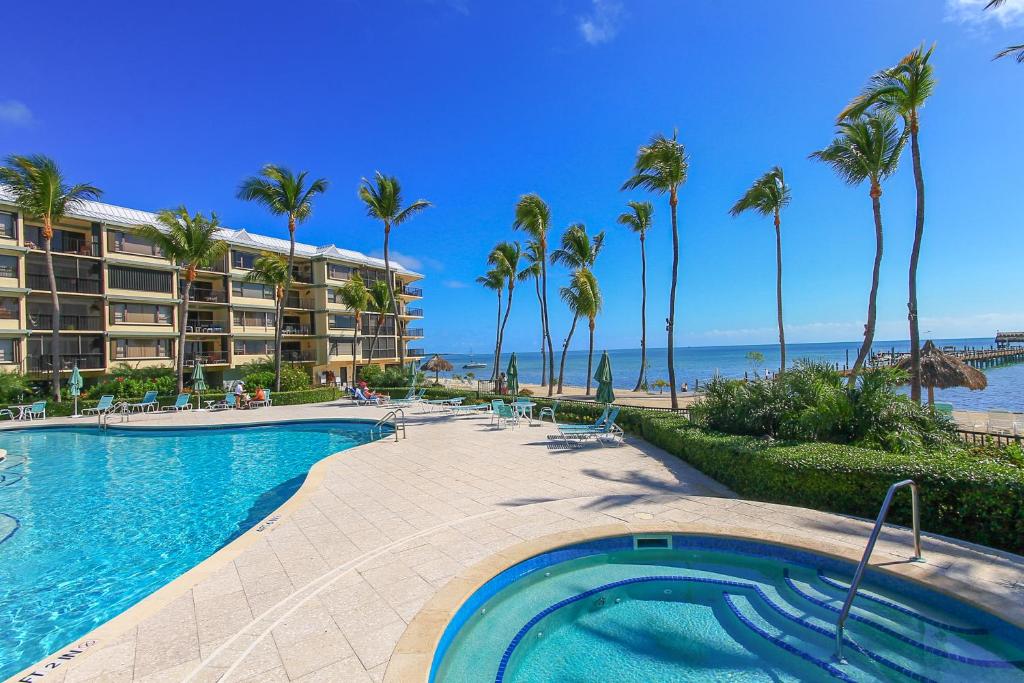 a swimming pool next to a beach with palm trees at Beacon Reef 503 in Islamorada