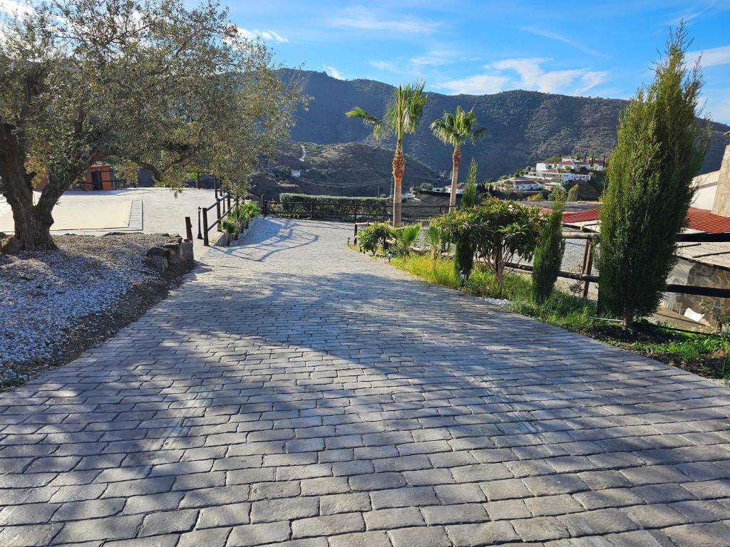 a cobblestone road with trees and mountains in the background at Casa Rural Las 3 R in Málaga