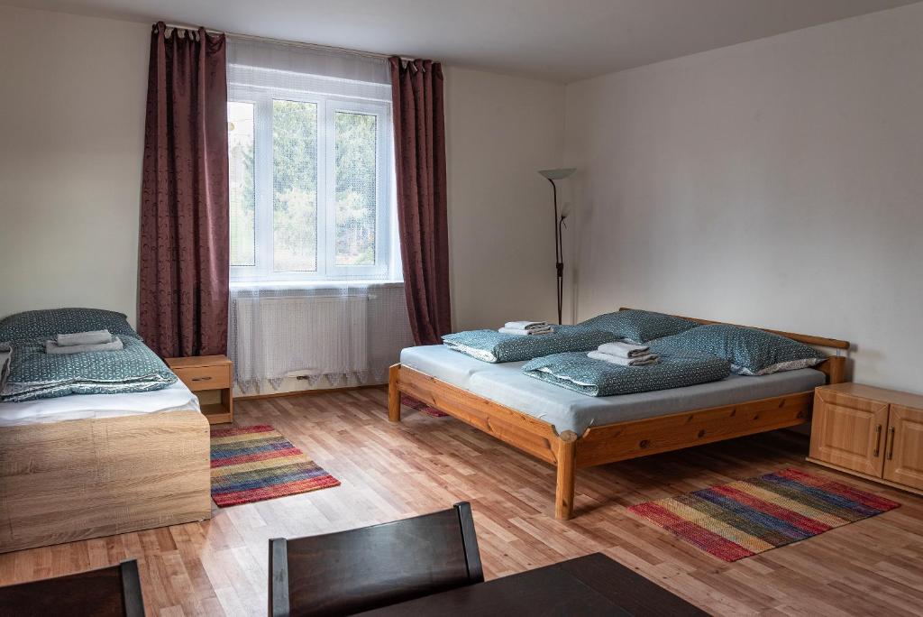 - une chambre avec 2 lits et une fenêtre dans l'établissement Apartments Gala Abertamy, à Abertamy