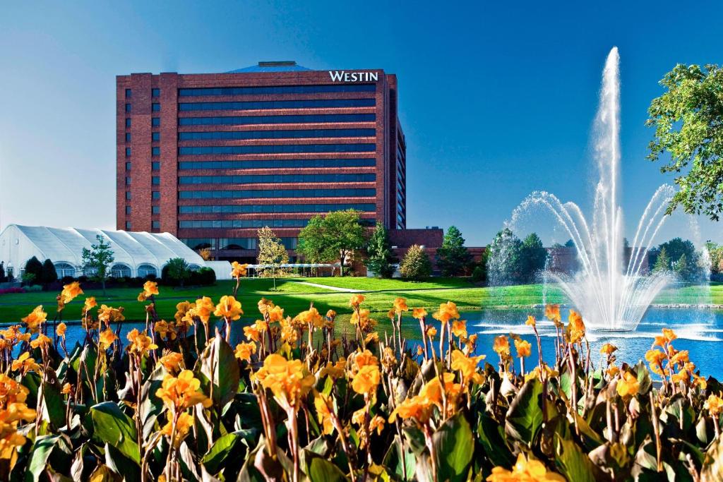 a fountain in front of a building with a building at The Westin Chicago Northwest in Itasca