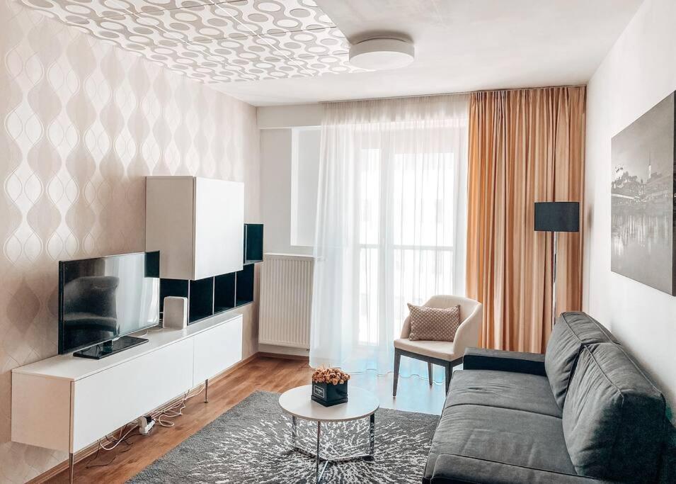 - un salon avec un canapé et une télévision dans l'établissement Cozy apartment next to Presidential palace, à Bratislava