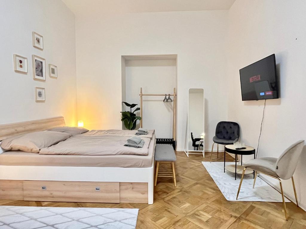 een slaapkamer met een bed en een tv aan de muur bij Spacious 2BDR apartment with balcony in Wenceslas Square in Praag