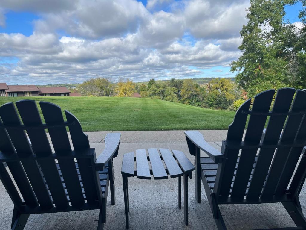 twee stoelen en een tafel op een patio bij Newly Updated Modern, Spacious, and Cozy Condo- Right on the Lake! in Lake Geneva