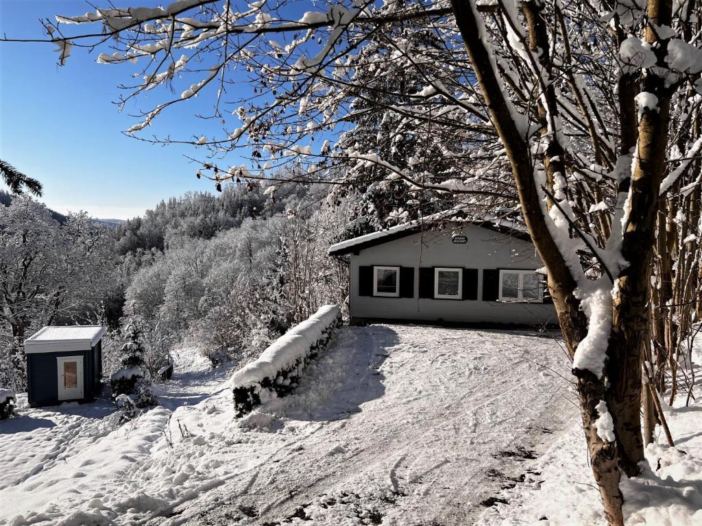 ザンクト・アンドレーアスベルクにあるSchöne Aussichtの雪道の雪に覆われた家