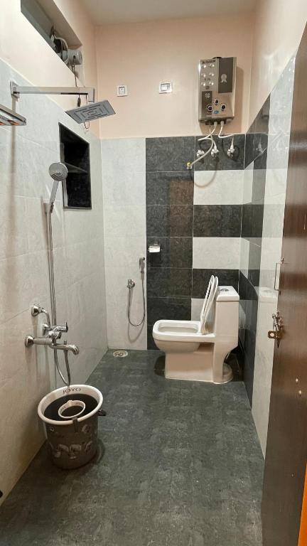 a bathroom with a toilet and a shower in it at Mamatha Guest inn in Hampi