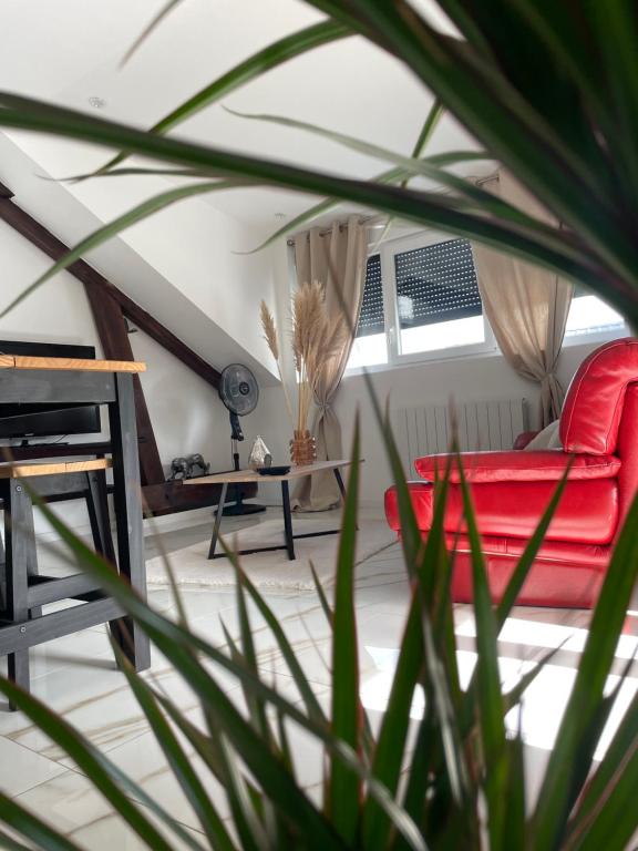 ein Wohnzimmer mit einem roten Stuhl und einer Pflanze in der Unterkunft Magnifique appartement de charme in Besançon