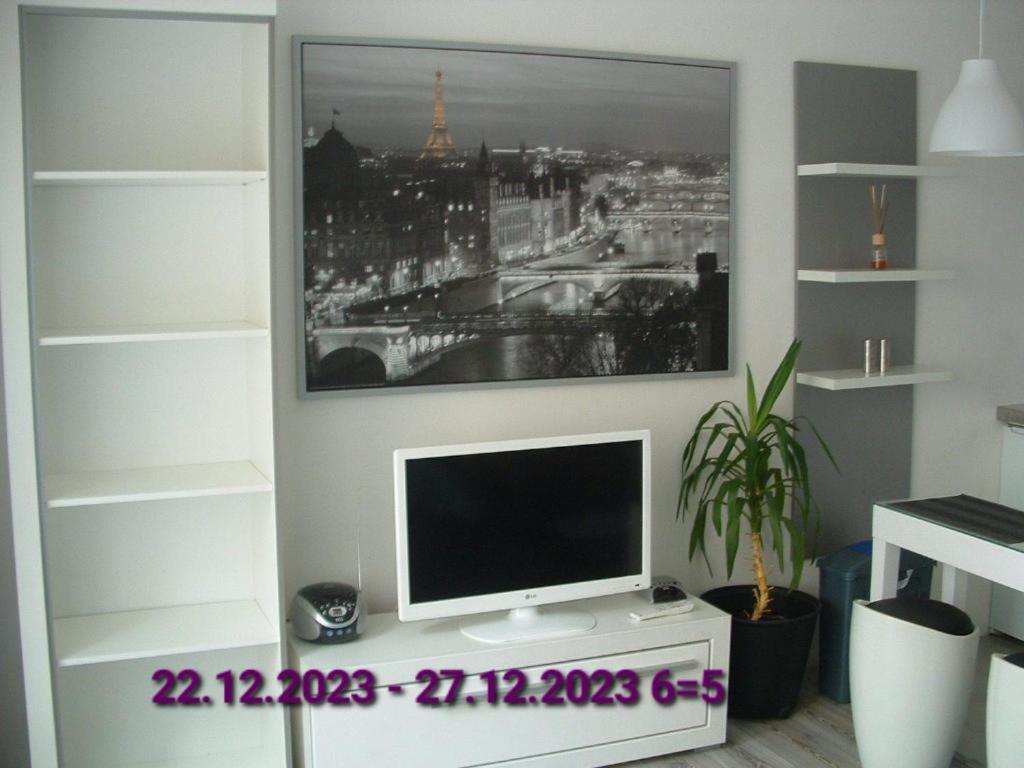un televisor sentado en un puesto blanco en una habitación en Nice Apartments Prague, en Praga