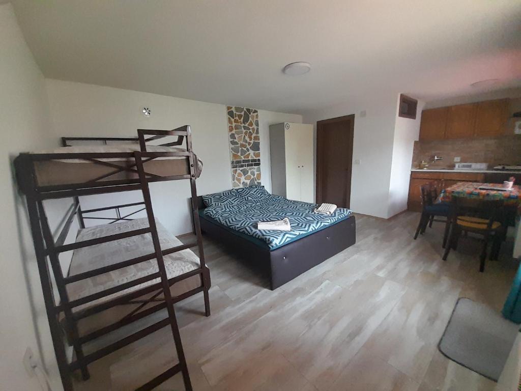 Pokój z łóżkiem piętrowym i kuchnią w obiekcie Apartment Matej w mieście Kruszewo