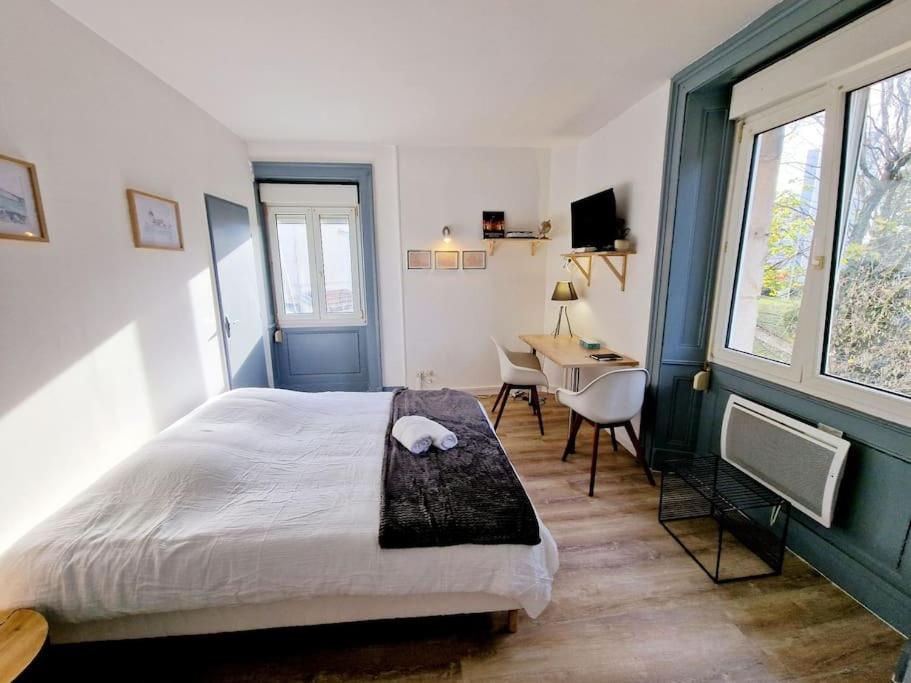 um quarto com uma cama e uma secretária. em "Le Bisontin", studio cosy au calme, proche de la gare em Besançon