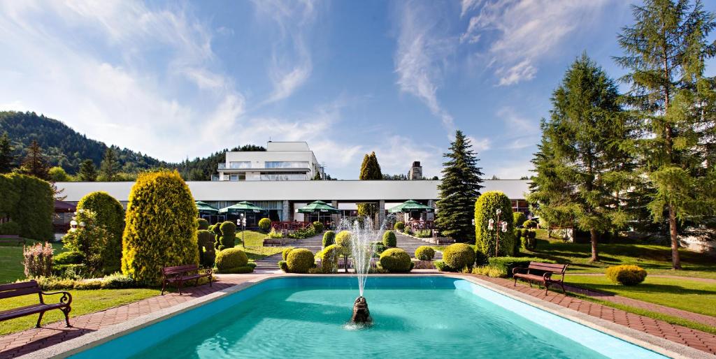 a swimming pool with a fountain in a garden at Hotel Perła Południa in Rytro