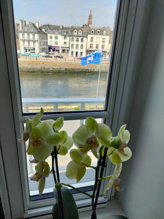 a vase with a plant in a window with a view at La Maison du Quai Triplex de charme 4 étoiles en hyper centre avec SPA in Landerneau