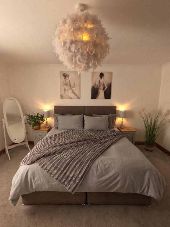 a bedroom with a large bed and a chandelier at Cribyn Lodge in Brecon