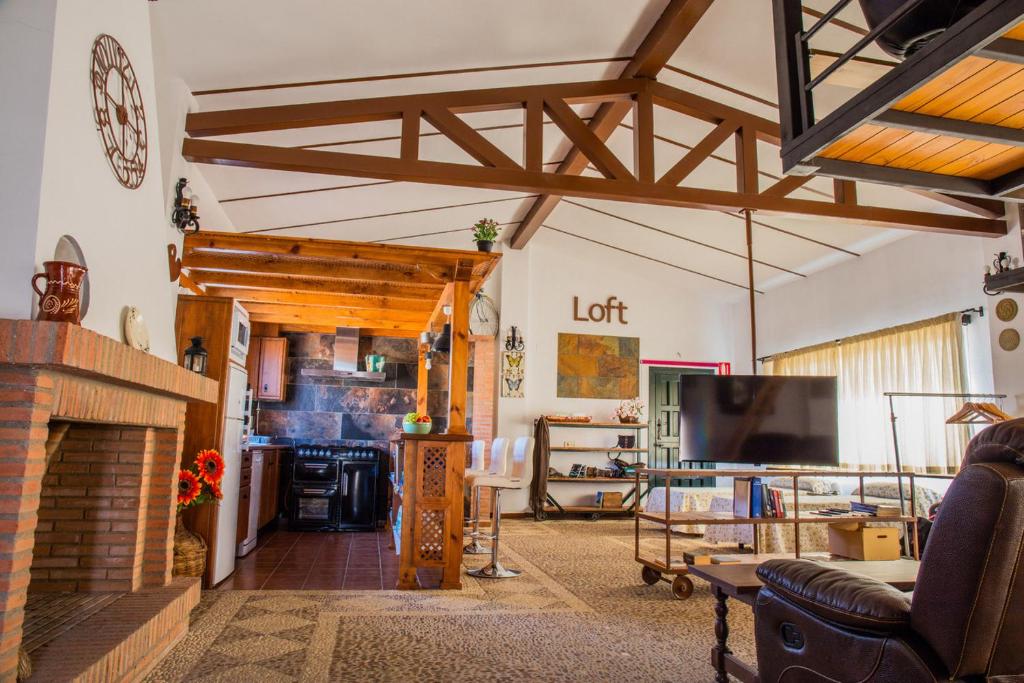 sala de estar con chimenea y TV en Apartamento Loft La Encina en Torrejón el Rubio
