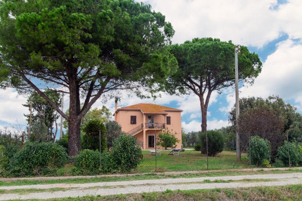 ein Haus auf einem Feld mit zwei Bäumen in der Unterkunft Villa Orta - Agriturismo con cucina Vegan, Plant-based Farmhouse in Riotorto