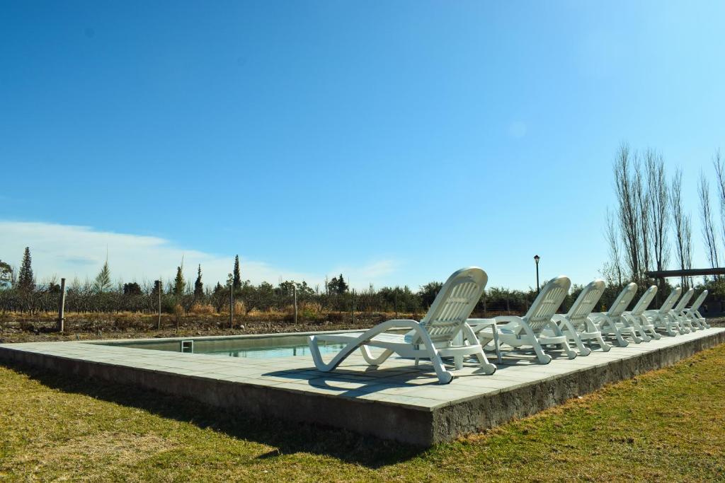 a row of chairs sitting next to a pool at Vista Chachingo Lodge in Maipú