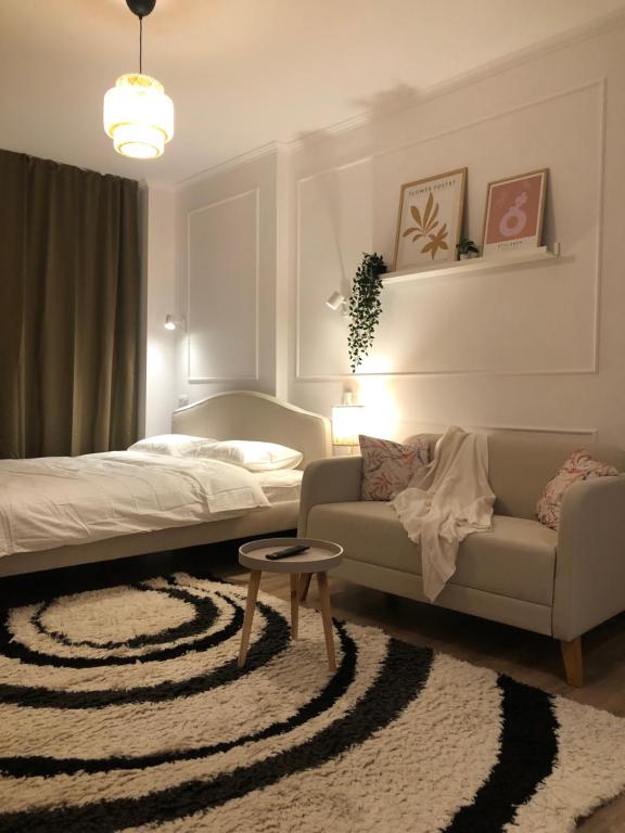 uma sala de estar com uma cama e um sofá em TIF Studio em Râmnicu Vâlcea