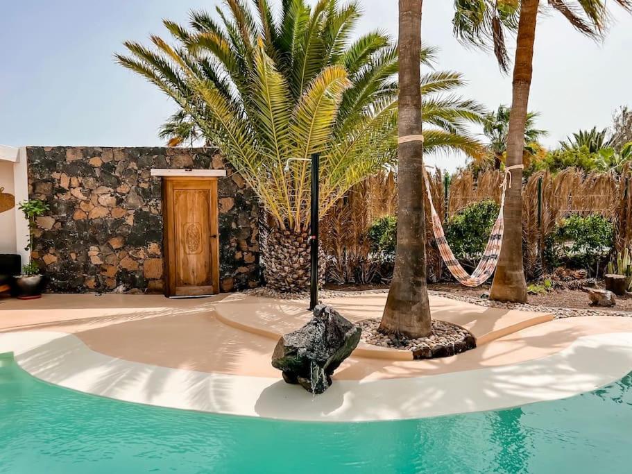 een zwembad met palmbomen en een rots in een tuin bij Casa Bagus in Lajares
