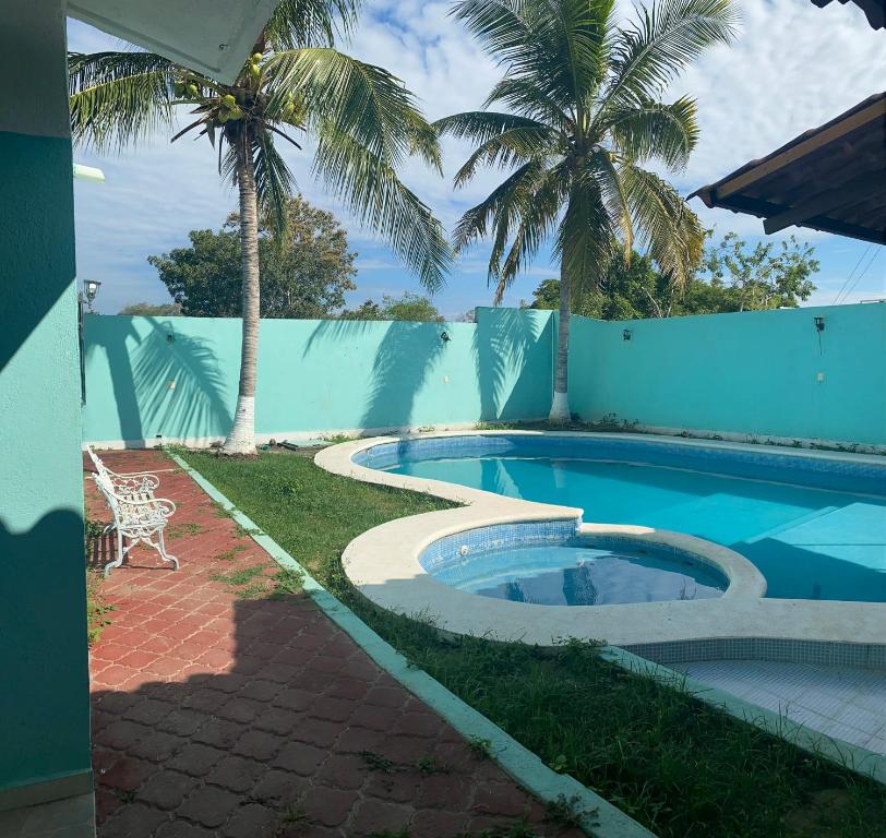 的住宿－Casa n o d i s p o n i b l e，一个带围栏和棕榈树的庭院内的游泳池