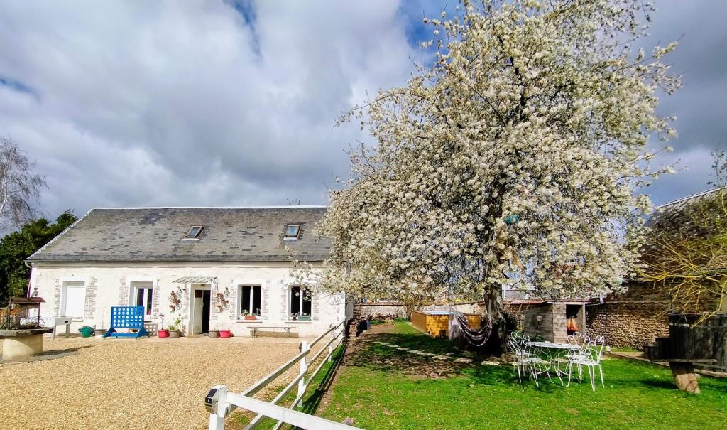 ein weißes Haus mit einem Baum davor in der Unterkunft Maison d'hôte privatisée avec piscine et jacuzzis 15 pers max in La Couture-Boussey