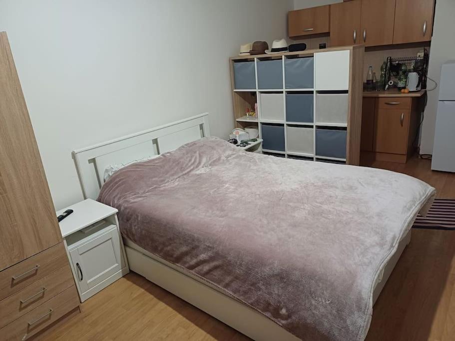 a small bedroom with a bed and a kitchen at Harmony home in Moravská Ostrava