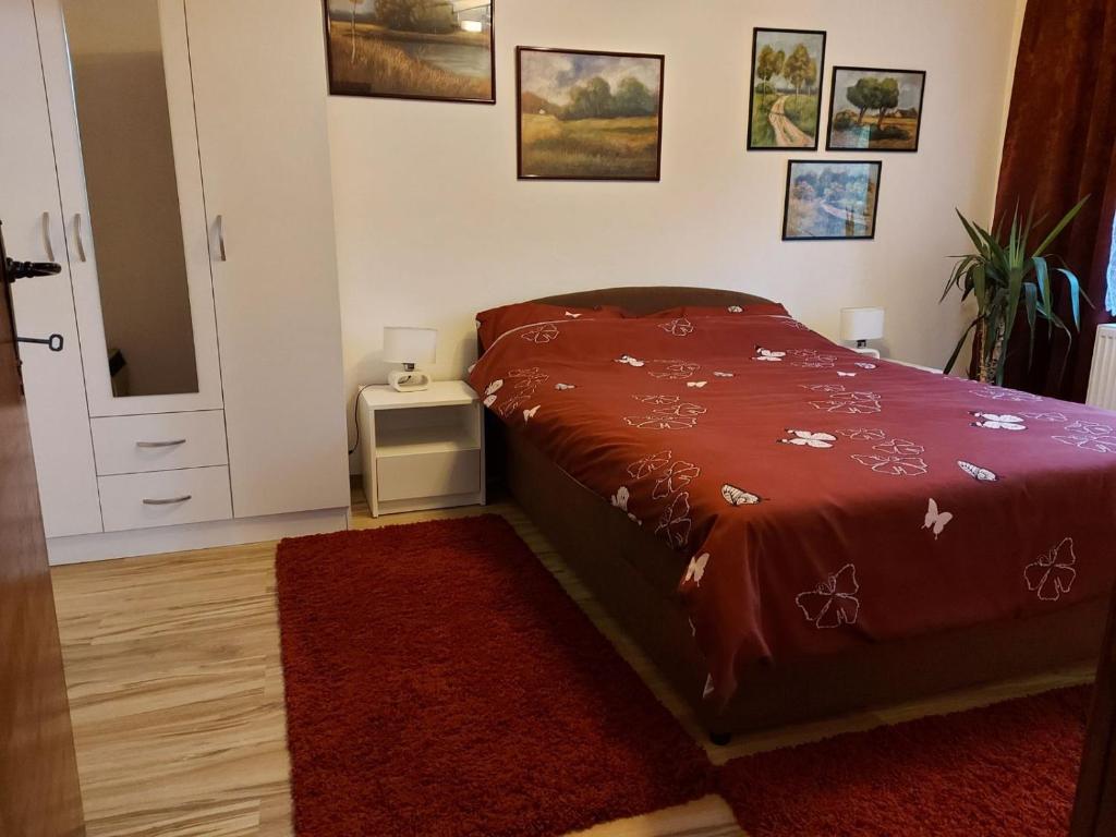 a bedroom with a bed and a red rug at Apartment Sunce in Sremska Mitrovica