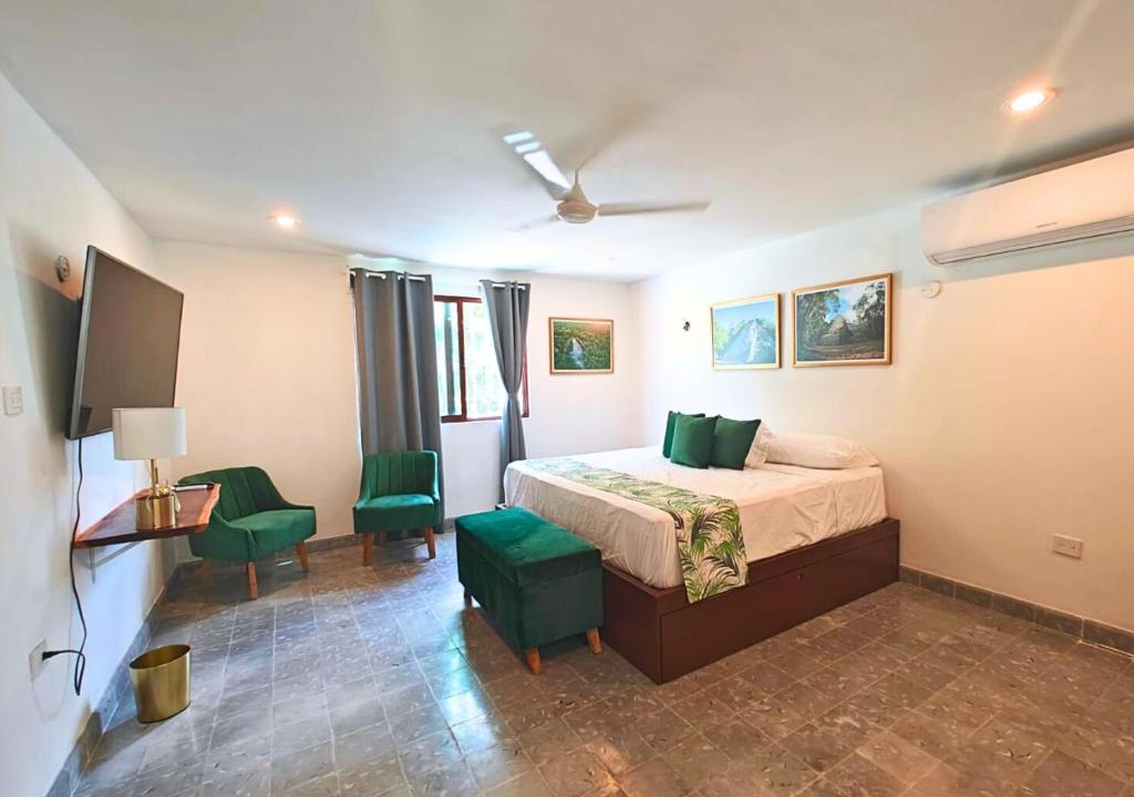 um quarto com uma cama e 2 cadeiras verdes em Casa Ekinox em Petkanché