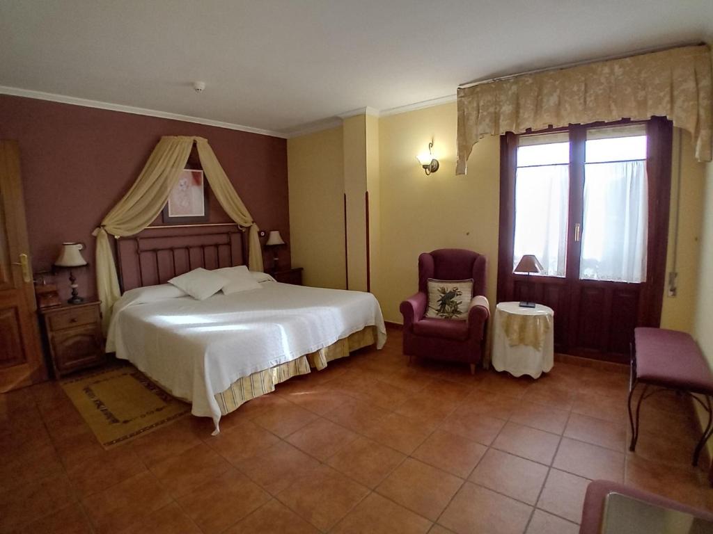 ein Schlafzimmer mit einem Bett, einem Stuhl und einem Fenster in der Unterkunft Posada Carpe Diem in Liérganes