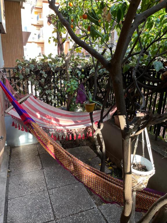 a hammock is tied to a tree in a garden at Acquedotti apartment with garden in Rome