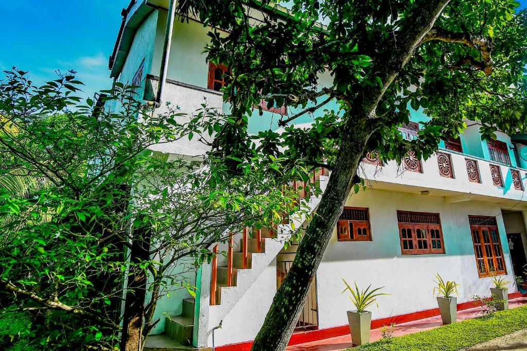 a building with stairs in front of a tree at Sidangana House Ahangama in Ahangama