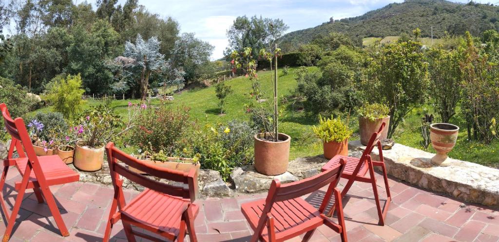 - un ensemble de chaises assises sur une terrasse agrémentée de plantes dans l'établissement Chalet Guata & Exclusividad & Ubicación estratégica, à Sesquilé