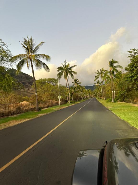 a car driving down a road with palm trees at NEW HOME in Private Community with Ocean/Mountain Views. 5 Min. Drive to Beach in Waianae