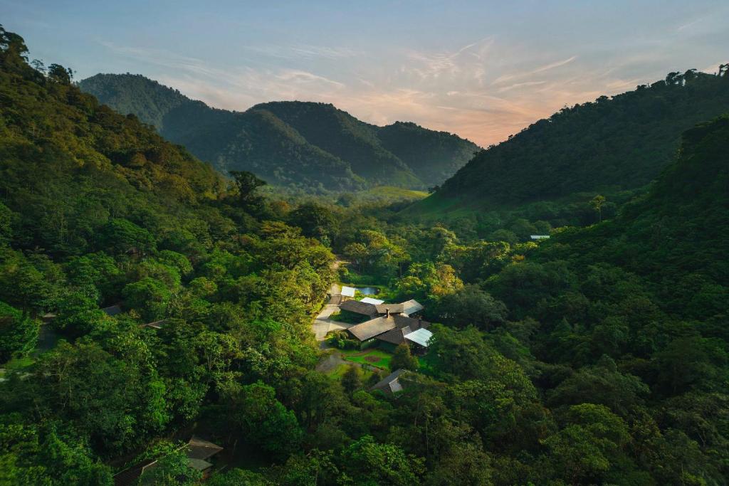 uma vista aérea de uma casa no meio de uma floresta em El Silencio Lodge & Spa Costa Rica em Toro Amarillo