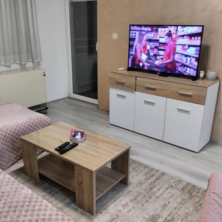 un soggiorno con TV e tavolino da caffè di Apartman Lenka a Sremska Mitrovica