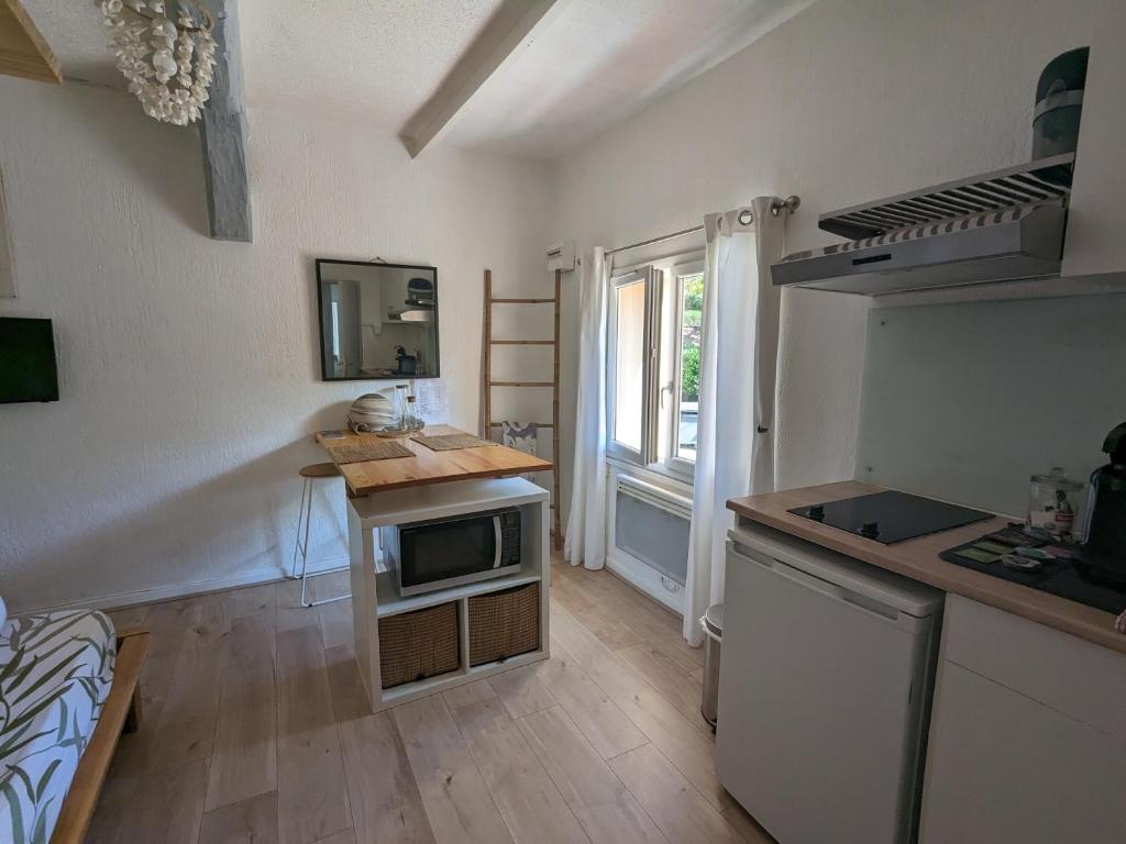 a kitchen with a sink and a counter with a microwave at STUDIO avec PARKING TOUT A PIED et CALME in Bandol